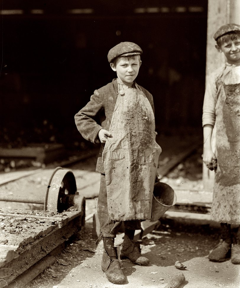 February 1913. Bluffton, S.C. Oyster shuckers at Lowden Canning. "Ten-year old Frank. Shucks four pots a day." View full size. Photo by Lewis Wickes Hine.
