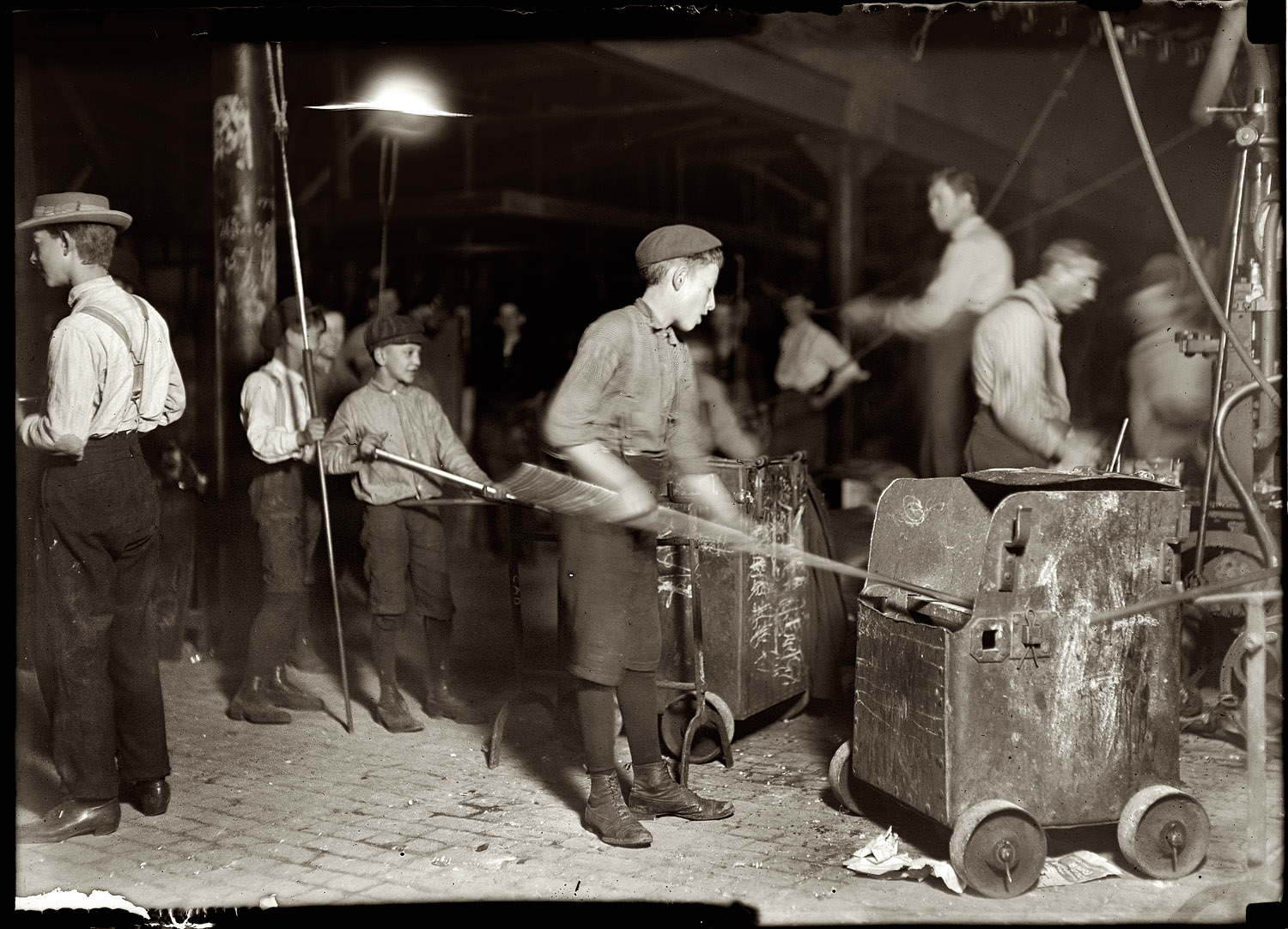 October 1908. "Central Glass Company. Wheeling, West Virginia. Dozens of small boys here." Photograph and caption by Lewis Wickes Hine. View full size.