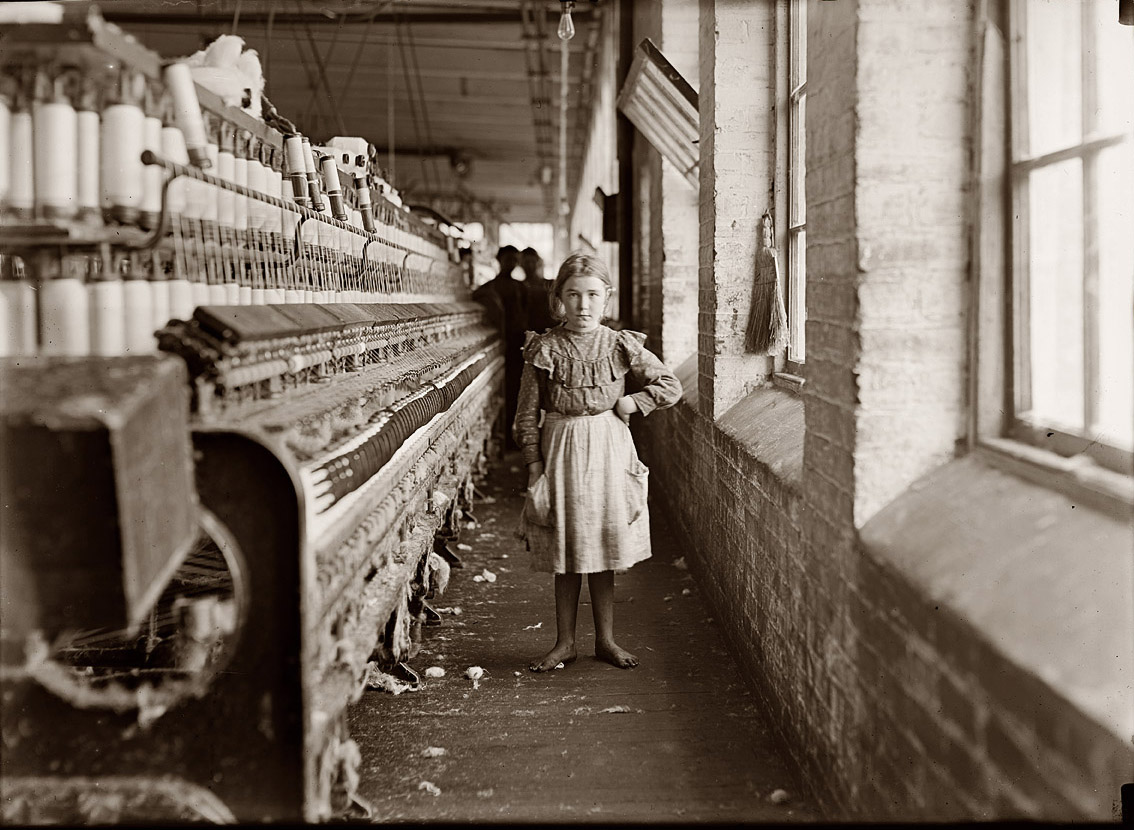"A little spinner in a Georgia cotton mill." January 1909.  View full size. Photograph by Lewis Wickes Hine. Scan from 5x7 glass plate negative.