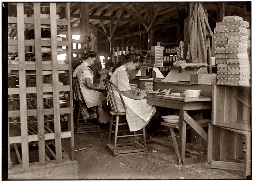 January 28, 1909. "Girls working in Tampa, Florida, cigar box factory. I saw 10 small boys and girls. Has had reputation for employment of youngsters but work is slack now." Glass negative by Lewis Wickes Hine. View full size.
