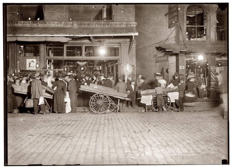 October 1909. "Late at night. Boston market. Many young venders." 5x7 glass negative by Lewis Wickes Hine. View full size.
