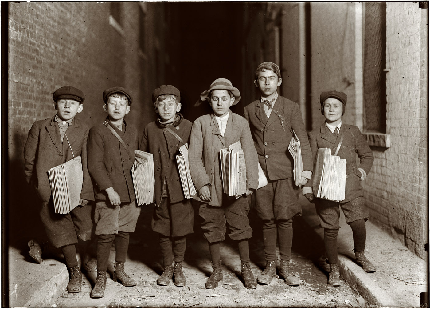 December 17, 1909. "After 9 p.m. Newark, New Jersey. All these were selling and work later some nights. Some are 10 years old." View full size. Photo and caption by Lewis Wickes Hine. So, who here has the latest on Britney?