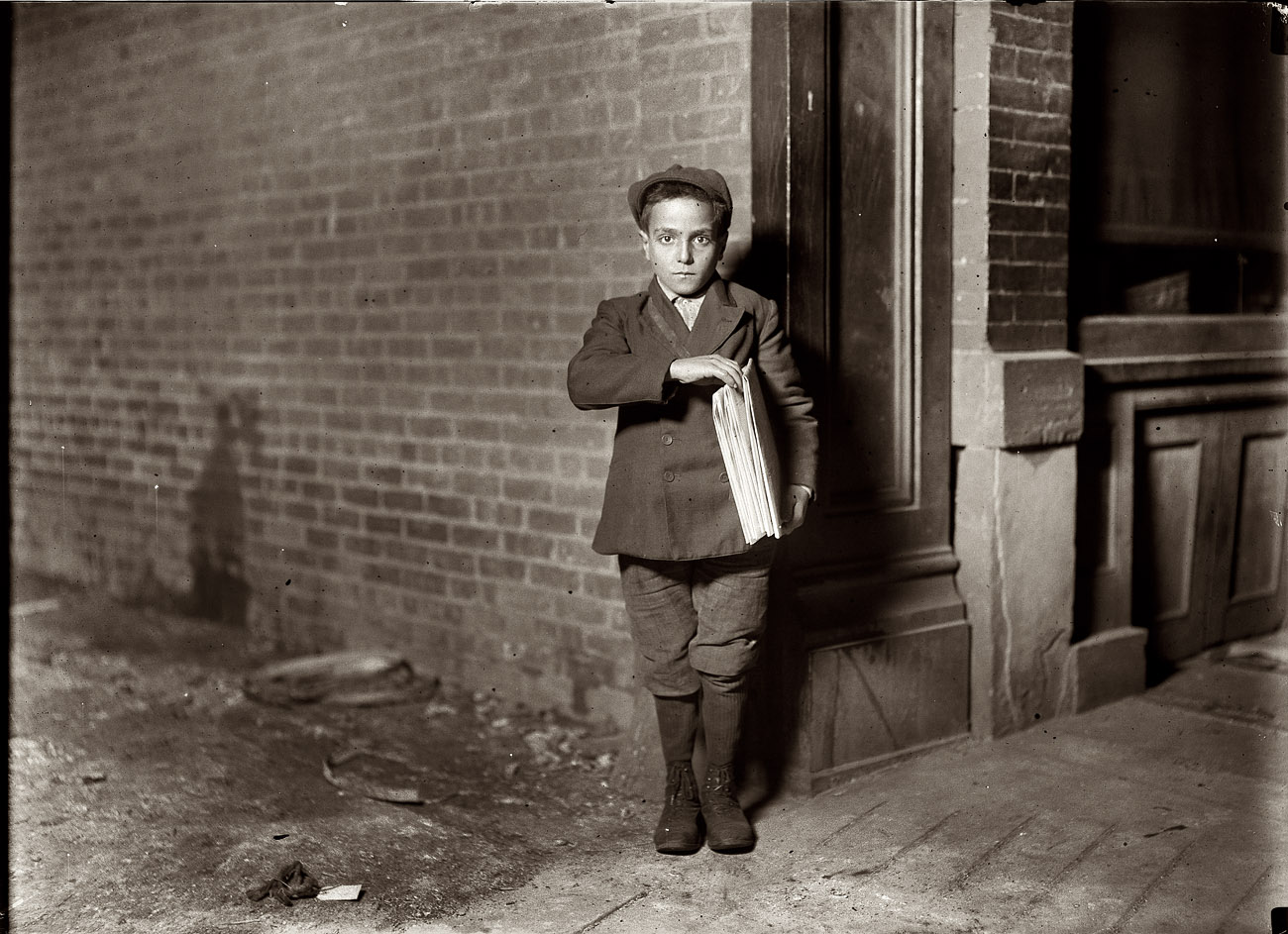 9 p.m. Friday, Dec. 17, 1909. Newark, N.J. Nicholas Giuseppi, 65 River St. Sells until later than this. View full size. Photo and caption by Lewis Wickes Hine.