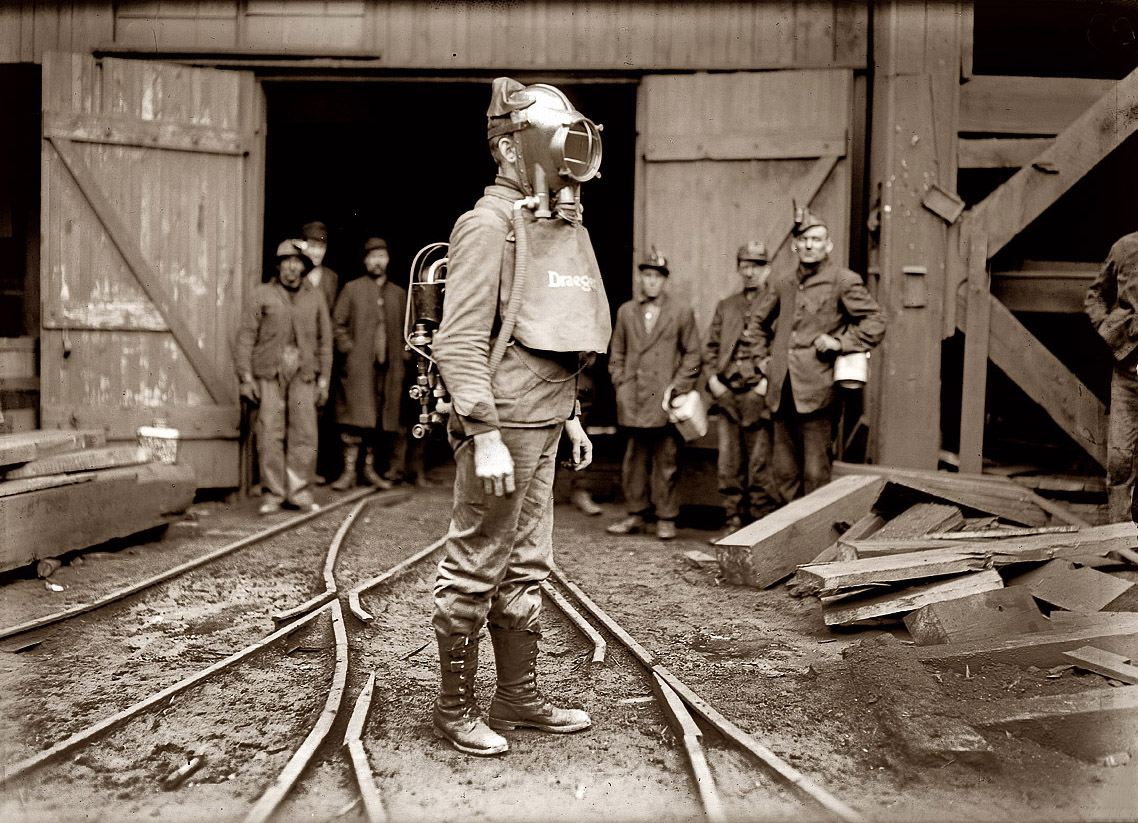 January 1911. "First Aid to the Injured" man with Draeger Oxygen Helmet. Avondale Shaft, D.L. & W. [Delaware, Lackawanna & Western Railroad] Colliery near Nanticoke, Pennsylvania. View full size. Photo by Lewis Wickes Hine.