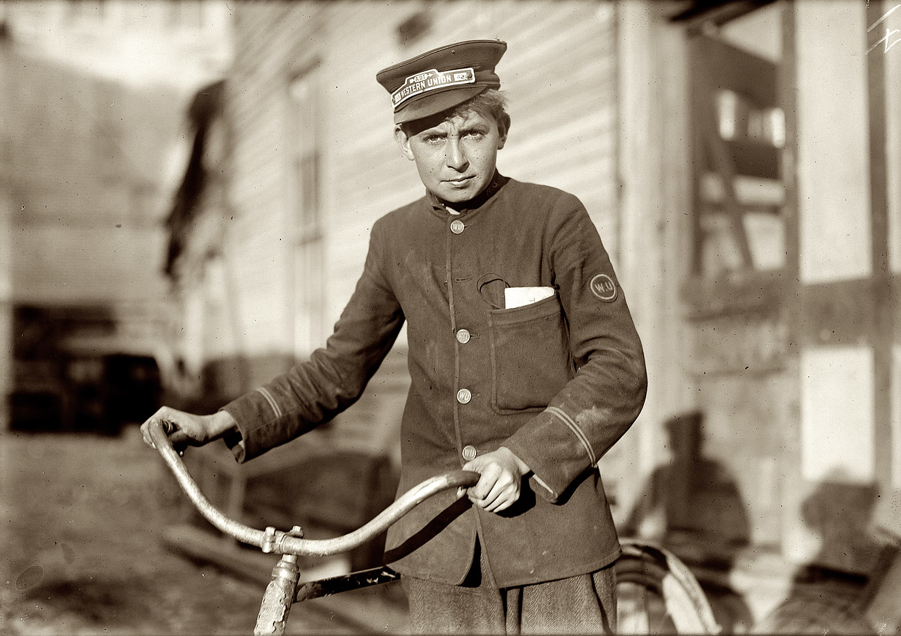 Houston, Texas. October 1913. "Fourteen-year-old Western Union Messenger #43. Works until 10:30 p.m. Goes to Reservation [red light district] some." Photograph and caption by Lewis Wickes Hine. View full size.