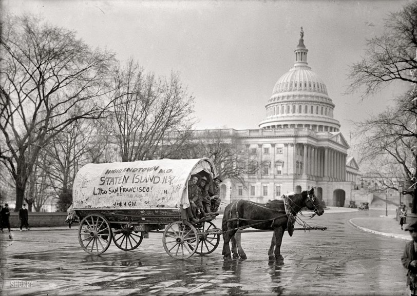 March 1915. "San Francisco by wagon from Staten Island, New York." Three guys and a dog and their two-horsepower hybrid in Washington, taking the Overland Trail west. Harris &amp; Ewing Collection glass negative. View full size.

