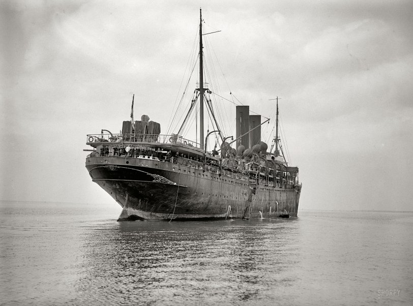 1915. "Eitel Friedrich, German ship taken over by U.S." The commerce raider Eitel Friedrich, a former passenger liner converted into an auxiliary cruiser for the German navy early in World War I, put into port at Newport News, Virginia, for repairs in March 1915 after sinking a number of British ships (and one U.S. merchant vessel) and taking on more than 300 British and French prisoners. After almost a month the captain decided to intern, and the vessel was towed to the Philadelphia Navy Yard, where she remained under the German flag until being seized by the U.S. government in April 1917. (Harris & Ewing.) View full size.