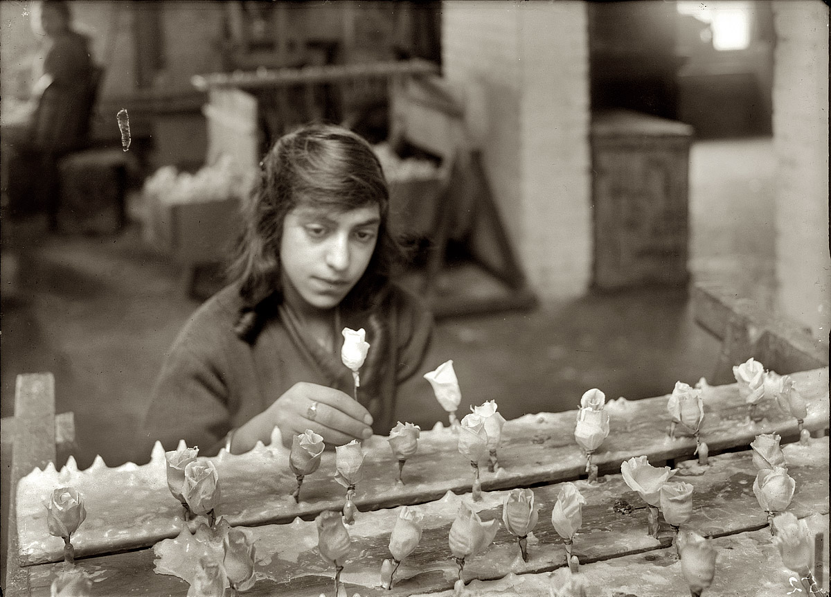 Boston, January 29, 1917. "Sadie Singer, 15 years old, racking flowers at the Boston Floral Supply Co., 347-357 Cambridge Street. Said to be the only flower factory in Massachusetts." View full size. Photograph by Lewis Wickes Hine.