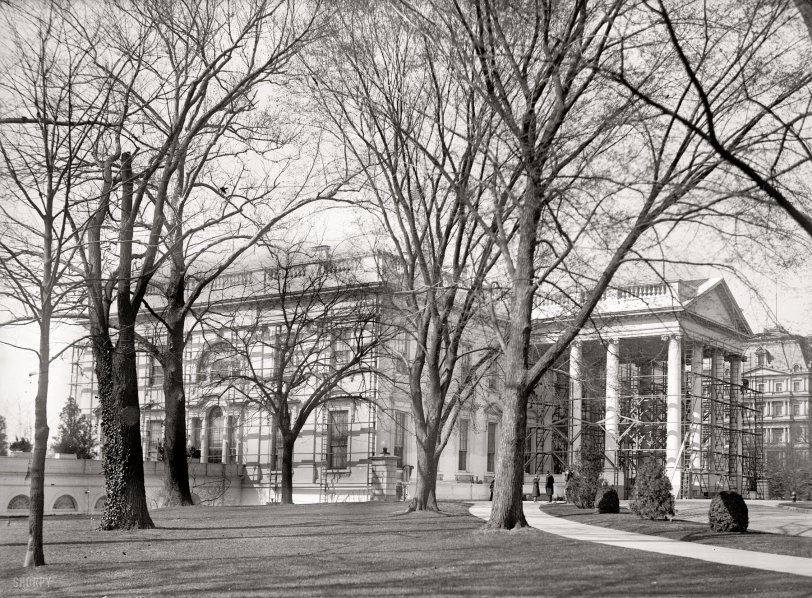 March 1915. "White House, scaffolding on North Portico and east side." As part of a "Clean-Up, Paint-Up" campaign sponsored by the Master House Painters and Decorators Association, the White House and Mount Vernon each got a fresh coat of paint. Harris &amp; Ewing Collection glass negative. View full size.

