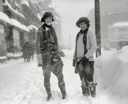 Washington, D.C. "Blizzard, January 28, 1922." The same lovely ladies we saw perched on a snowbank a few days ago. National Photo Co. View full size.
Shakespeare Says... If I could write the beauty of your eyes,
And in fresh numbers number all your graces,
The age to come would say this poet lies,
Such heavenly touches ne'er touched earthly faces.
The Photographer......Obviously has good taste. These women are absolutely gorgeous. My old heart aches for the day... 
PantingThose flared breeches are what interest this horseman. They were ubiquitous in the 20s and 30s, but today are seen only on state troopers and S&amp;M costumes.  
Go Pants!Even five years earlier, these girls would not have been allowed out of the house in pants. Wearing pants allowed an entirely new world of experiences for girls -- like playing in the snow. The things we take for granted.
Havana ?Though doubtful, I would like to think the fine lady on the right is holding a rebellious havana...
[They say no two were alike. - Dave]

(The Gallery, D.C., Natl Photo)
