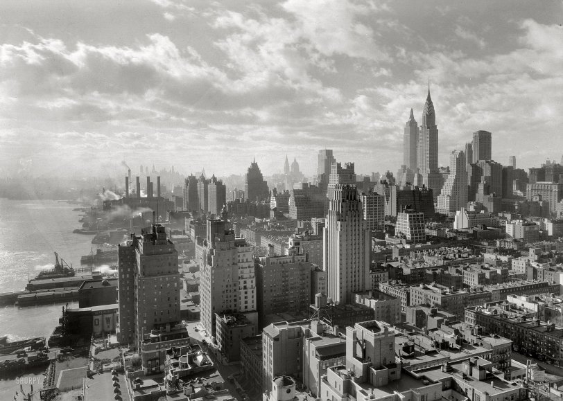 New York. December 15, 1931. "River House, 52nd Street and East River. Cloud study, noon, looking south from 27th floor." 5x7 safety negative by the prolific architectural photographer Samuel H. Gottscho. View full size.

