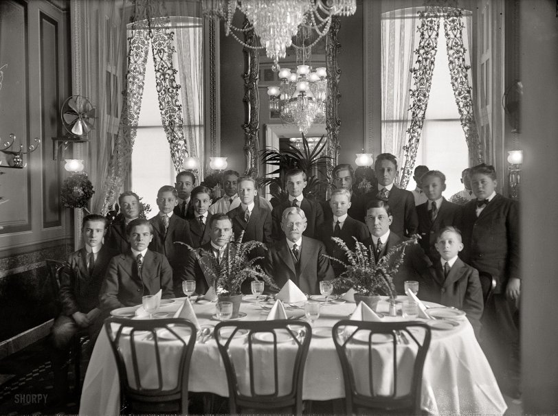 1916. "Senate pages. Marshall, center, giving dinner to pages." I know you'll all be on your very best behavior. Harris &amp; Ewing Collection negative. View full size.
