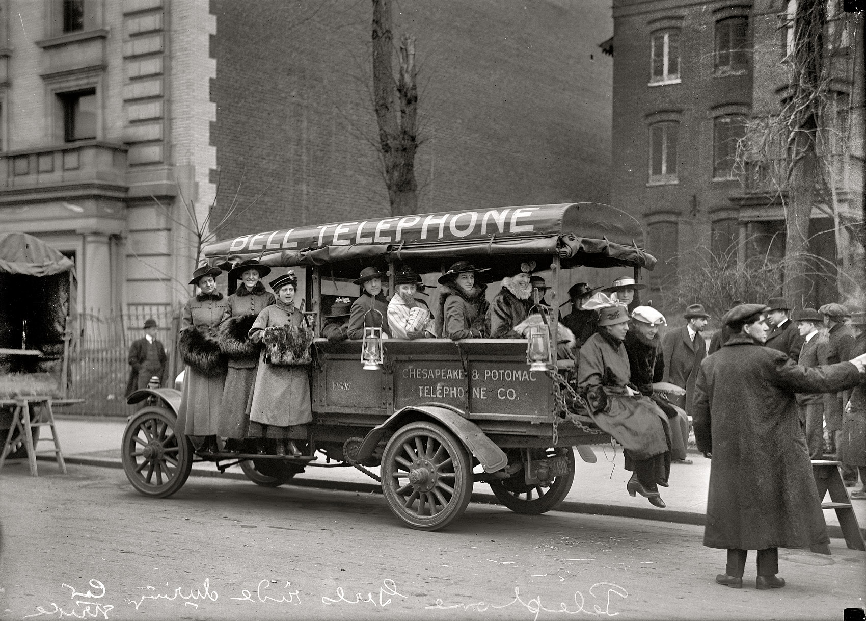 Washington, 1916. "Telephone girls ride during car strike. Chesapeake & Potomac Telephone Co." Harris & Ewing Collection glass negative. View full size.
