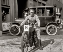 "Fretwell, 1922." Fred "Freddy" Fretwell of Washington on a Harley-Davidson motorcycle. National Photo Collection glass negative. View full size.