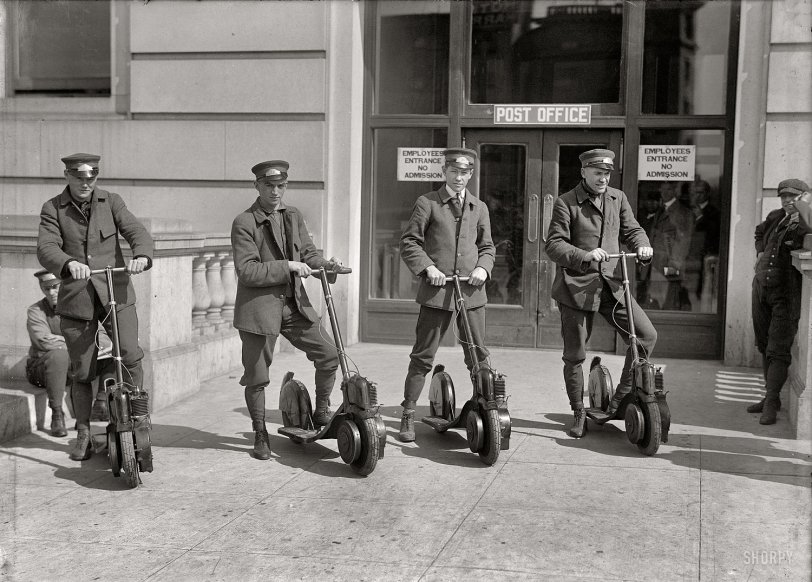 Washington, D.C., circa 1917. "Post Office postmen on scooters." Kind of a Segway vibe here. Harris &amp; Ewing Collection glass negative. View full size.
