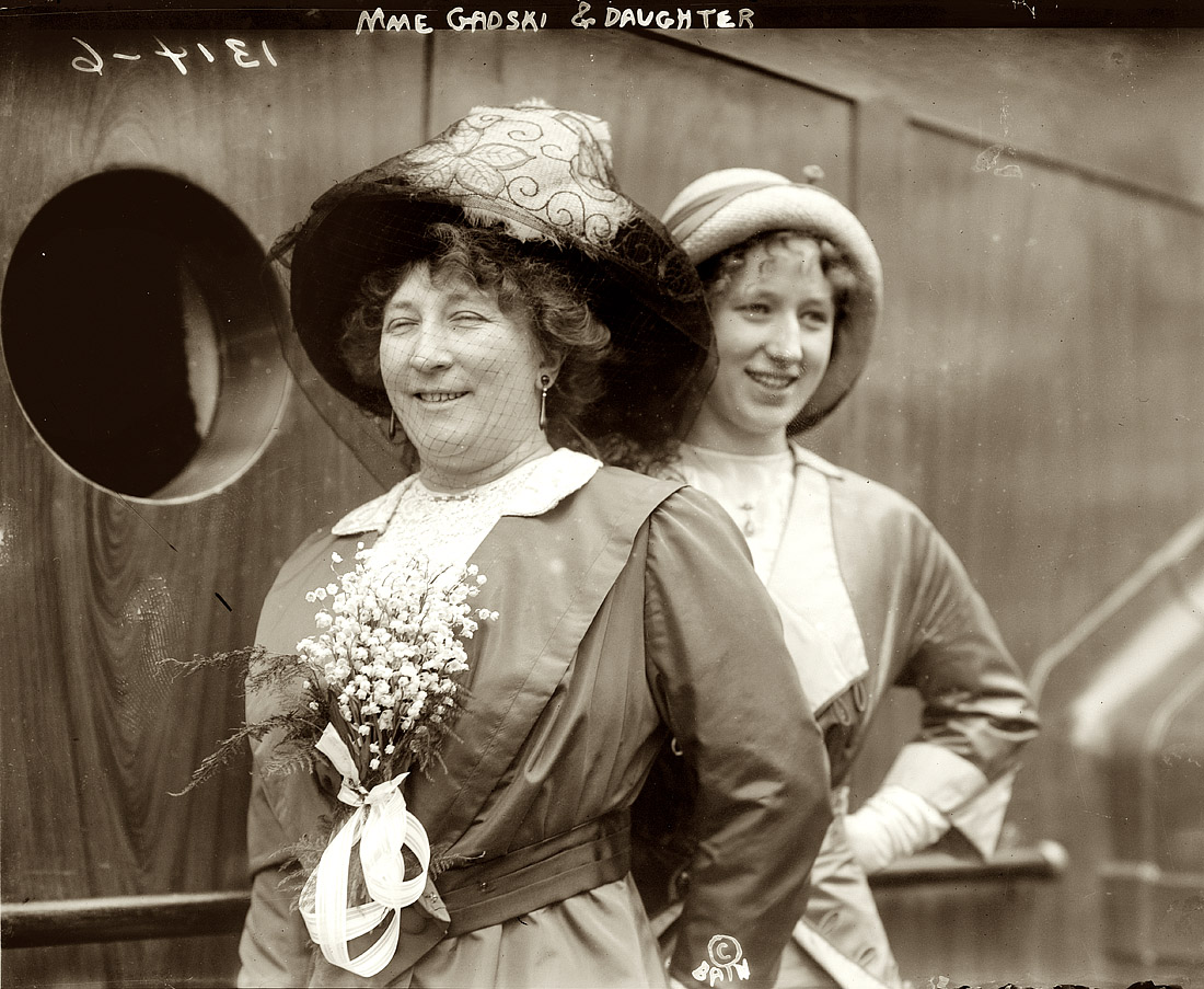 May 1912. "Madame Gadski and daughter." The noted opera singer shipboard in New York. View full size. George Grantham Bain Collection.