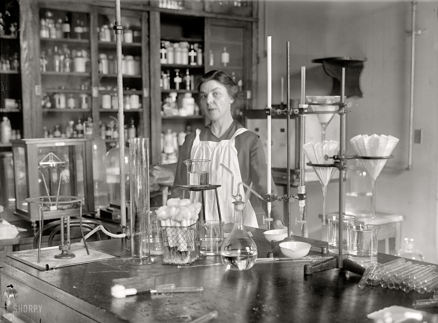"Miss Elizabeth Funk, 1917." Continuing our survey of Washington, D.C., professional women named Funk. Not sure exactly what Liz did or where she did it, but she looks like someone who knows her way around a Bunsen burner. Harris & Ewing Collection glass negative. View full size.
