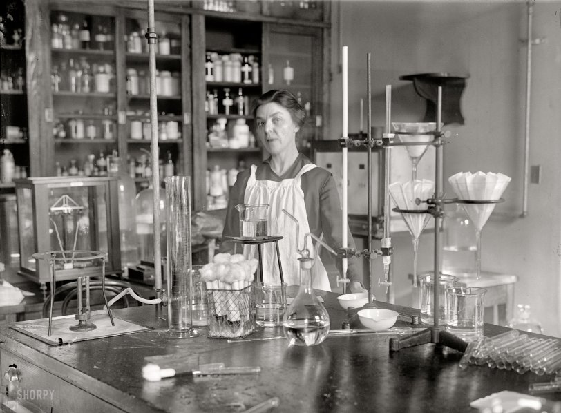 "Miss Elizabeth Funk, 1917." Continuing our survey of Washington, D.C., professional women named Funk. Not sure exactly what Liz did or where she did it, but she looks like someone who knows her way around a Bunsen burner. Harris &amp; Ewing Collection glass negative. View full size.
