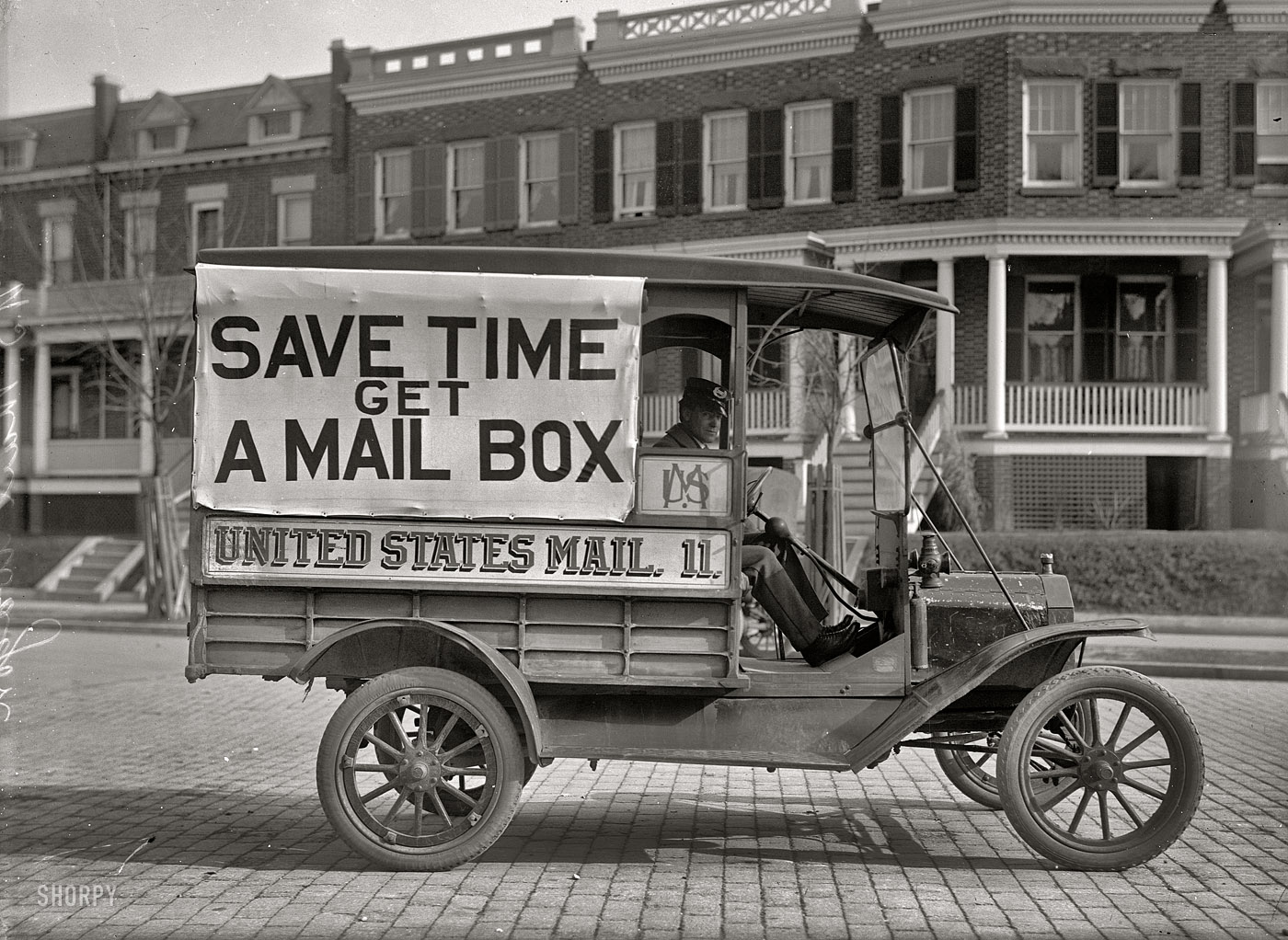 Washington, D.C., 1916. "Post Office Department mail wagon." With a slogan we can all get behind. Harris & Ewing Collection glass negative. View full size.