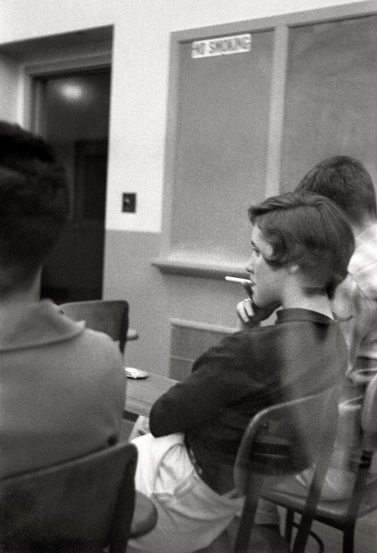 Candid photo in a college classroom at Cal Poly San Luis Obispo. 35mm Tri-X negative taken in 1956 by my brother. View full size.