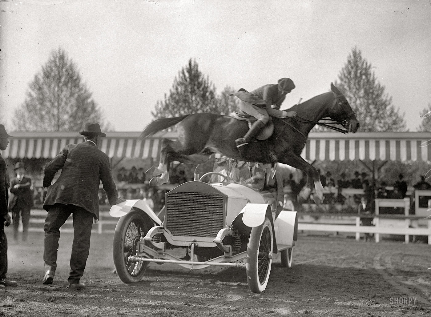 Washington, 1916. "Horse shows. Ralph Coffin jumping his horse over Sylvanus Stokes's Rolls-Royce on Rabbit." Harris & Ewing glass negative. View full size.