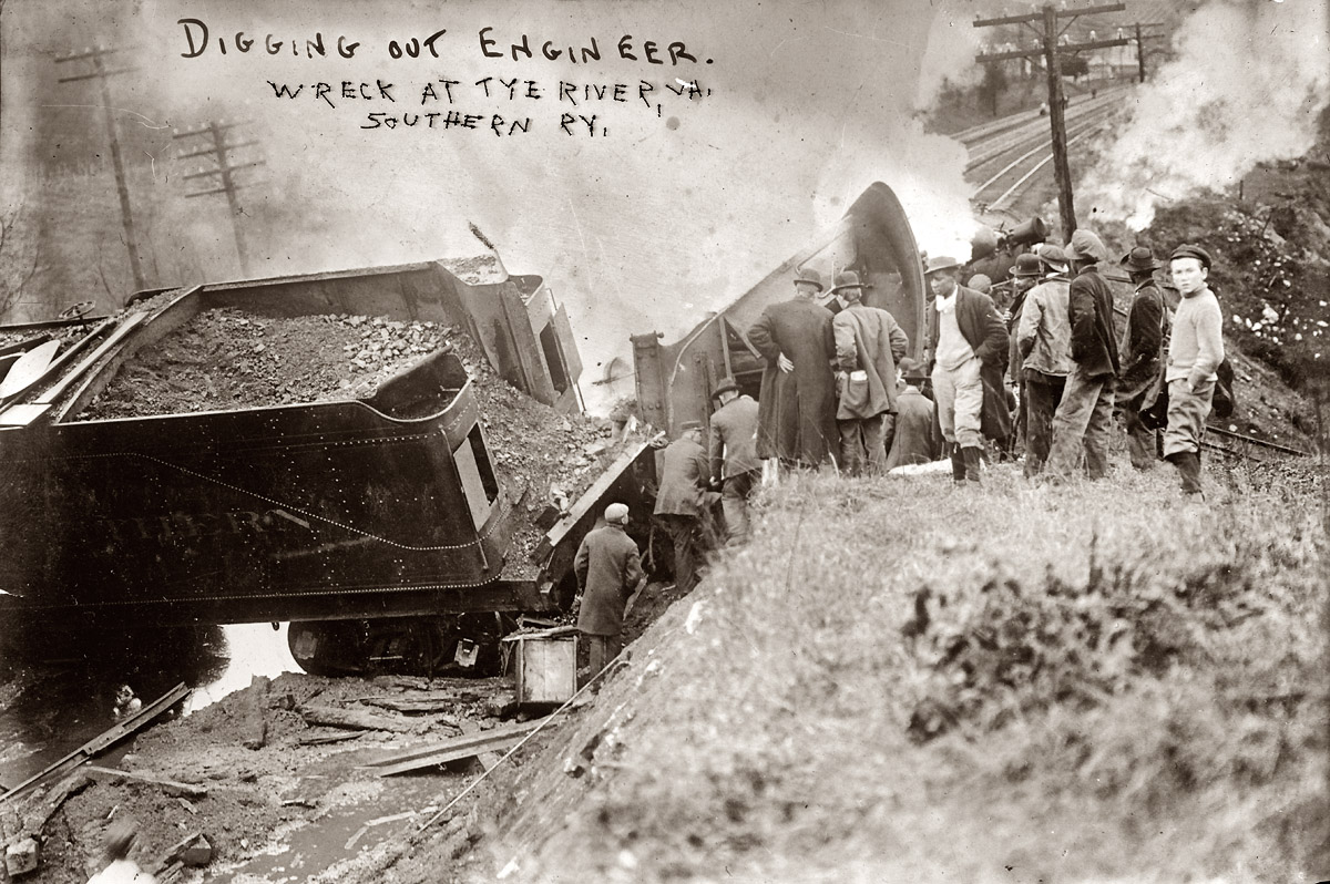 March 3, 1909. Southern Railway wreck at Tye River, Virginia. A tampered switch derailed Southern No. 35, a mail train. Engineer H.C. Linn was slightly injured. View full size. George Grantham Bain Collection. 