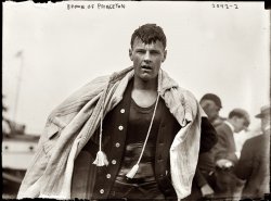 "Brown of Princeton" circa 1915-1920. View full size. G.G. Bain Collection.
Wet &amp; WoollyWhat is this guy doing?  Coming back from a swim?  Three levels of wool, the first showing that guys back then had some nice bods.
College AthletesWe are USA Track&amp;Field Officials, and thus around NCAA athletes a lot. Little has changed in the demeanor of college-level athletes:they still show the determination and grit shown by young Mr Brown, but now they come in both sexes and all imaginable skin tones. They were America's future 100 years ago, and they still are.
BrownThis brawny and handsome athlete with chiseled features could still turn heads if he walked down the street today, almost a hundred years later. If he were still around he would probably be doing endorsements and gracing the covers of magazines.  
(The Gallery, G.G. Bain, Sports)