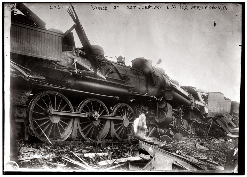 Train wreck near Middletown, Ohio. July 4, 1910 [erroneously reported at the time to have involved the 20th Century Limited -- see Comments]. View full size. Glass negative from the George Grantham Bain Collection.
