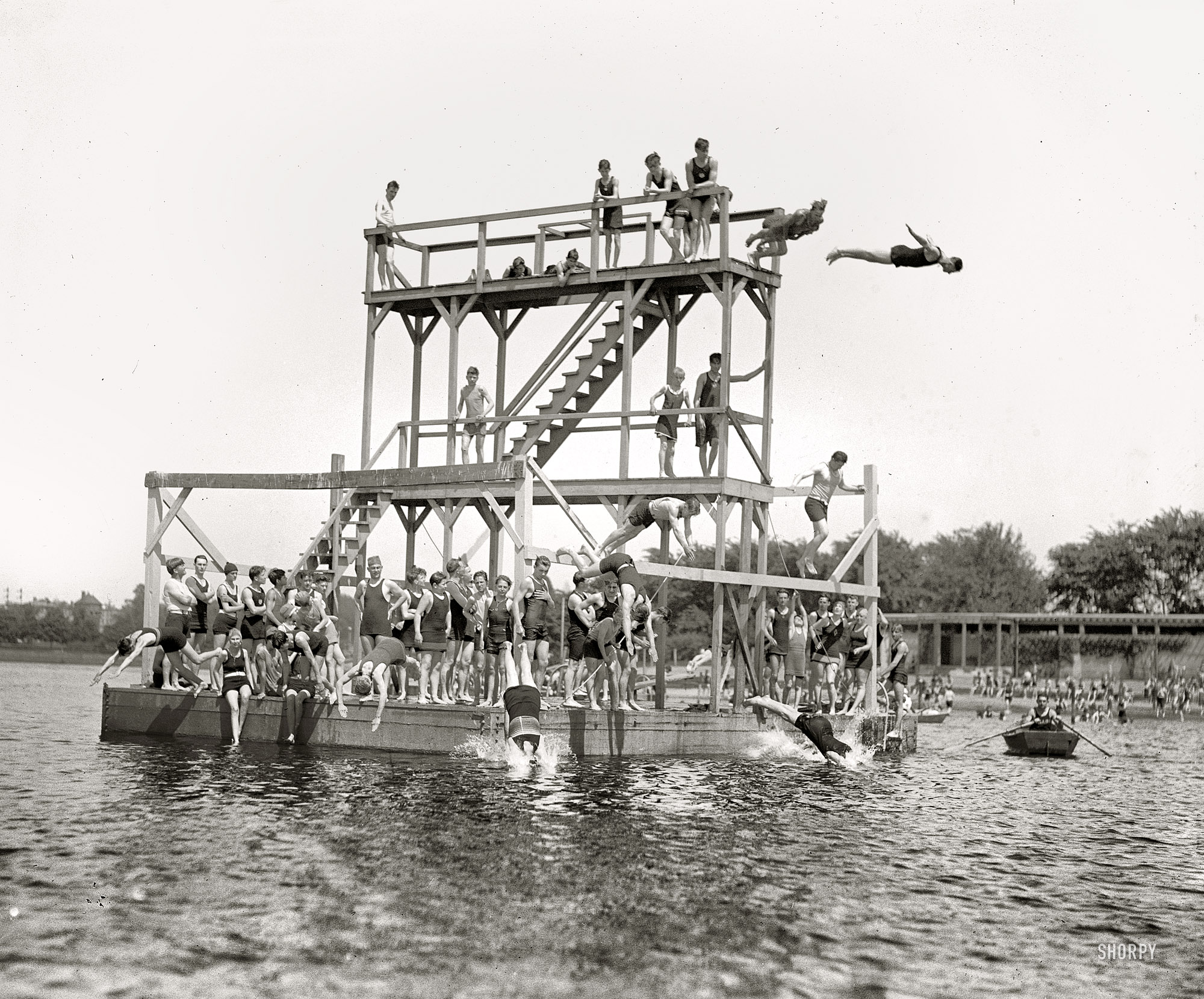 Washington, D.C., 1923. "Opening of bathing beach." A diving platform in the Potomac Tidal Basin. National Photo Co. glass negative. View full size.