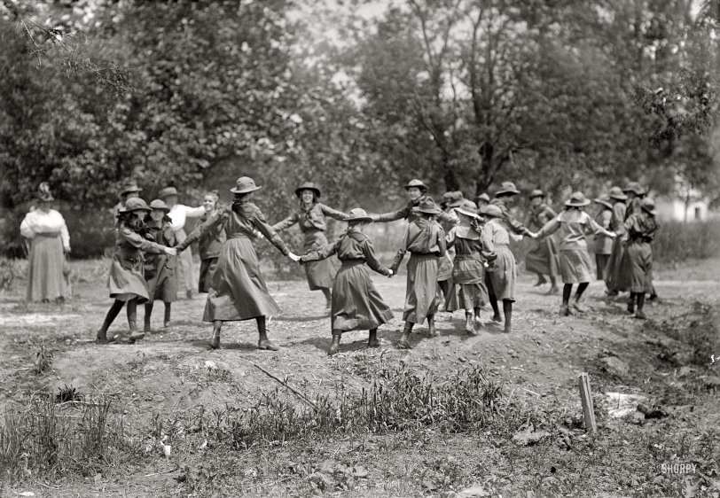 Washington, D.C., or vicinity circa 1917. "Girl Scouts. Activities and play." Harris &amp; Ewing Collection glass negative. View full size.
