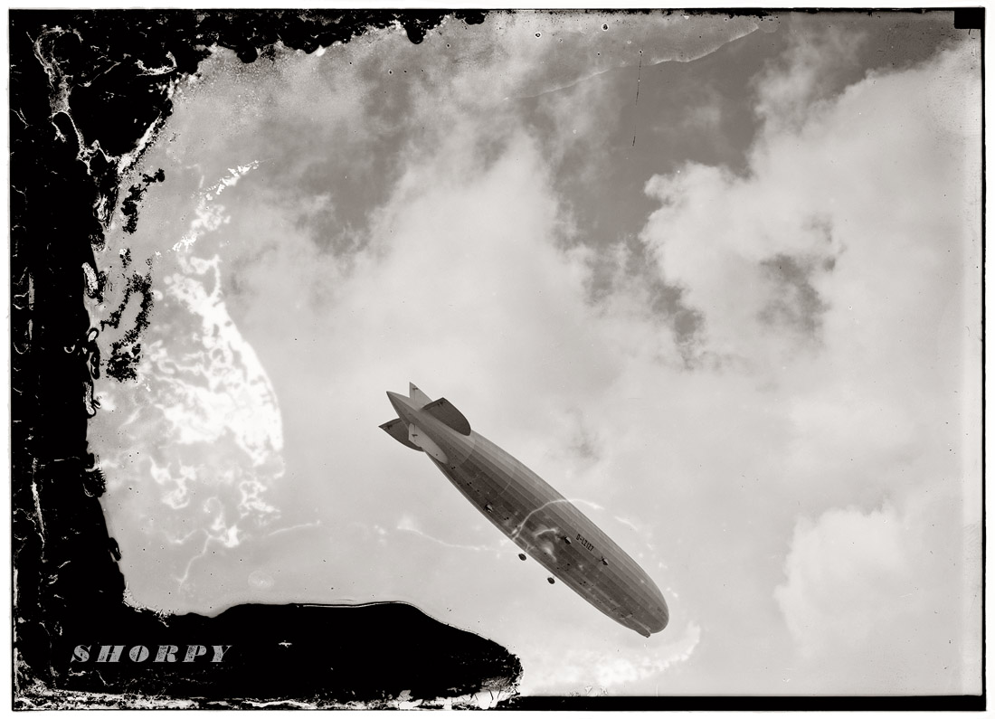 The Graf Zeppelin hovering over Jerusalem. April 11, 1931. View full size. Dry plate glass negative. American Colony Photo Department.