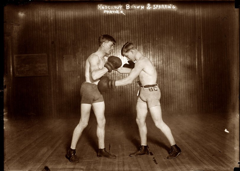 Middleweight boxer George “Knockout” Brown (on right) and sparring partner, probably around 1912. View full size. George Grantham Bain Collection.
