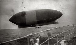 Oct. 15, 1910. "Wellman airship seen from Trent." Walter Wellman's hydrogen dirigible America just before being abandoned by its crew near Bermuda, 1,370 miles into an attempt to cross the Atlantic from New Jersey. Its engines having failed, the America drifted out of sight, never to be seen again. View full size.