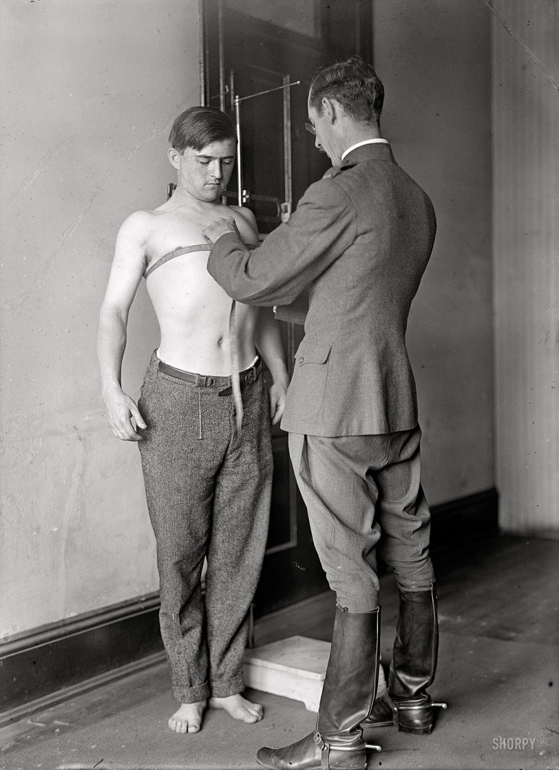 1917. "U.S. Army. Physical examination." Our second look at this young man's initiation into the Army. Harris &amp; Ewing glass negative. View full size.
