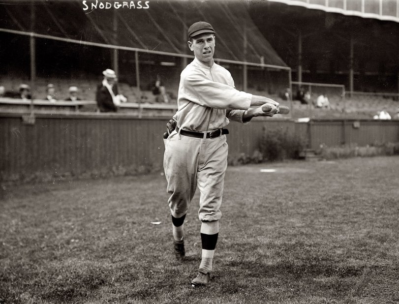 August 1, 1910. New York Giants centerfielder Fred Snodgrass, whose 10th-inning error in the 1912 World Series shadowed him for the rest of his life, and beyond. Headline of his obituary in the New York Times: "Fred Snodgrass, 86, Is Dead; Ball Player Muffed 1912 Fly." View full size. George Grantham Bain Collection.
