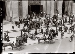 Easter 1911. St. Patrick's Cathedral, New York. George Grantham Bain Collection. View full size. Note the pair of Hansom cabs, named after the inventor (Joseph Hansom) and the type of carriage (cabriolet). Hansom cabriolets fitted with taximeters became known as taxicabs. Note the "curtain" in front of the cab -- to keep the passenger from having to see the horse do what horses do.