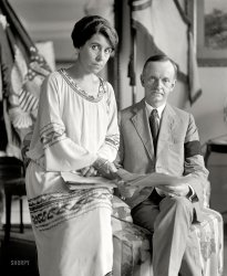 August 4, 1923. Washington, D.C. "Coolidge and wife." Grace and Calvin Coolidge (wearing a mourning band), two days after his ascension to the presidency following the death of Warren Harding. National Photo Co. View full size.