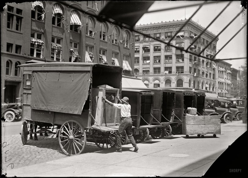 Washington, D.C., circa 1917. A Victrola talking machine on the delivery wagon at the Woodward &amp; Lothrop department store. Harris &amp; Ewing. View full size.
