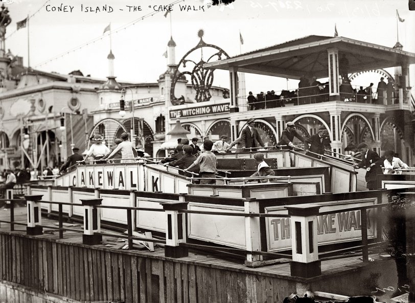 June 13, 1911. The Cake Walk at Luna Park on Coney Island. View full size. 5x7 glass negative, George Grantham Bain Collection. Who can describe this ride?
