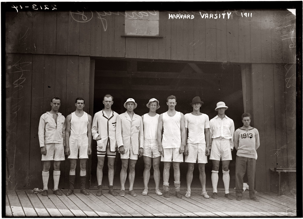 Harvard Varsity, 1911. View full size. George Grantham Bain Collection. Evidence that not every rowing squad in the 1910's was fashion-challenged.