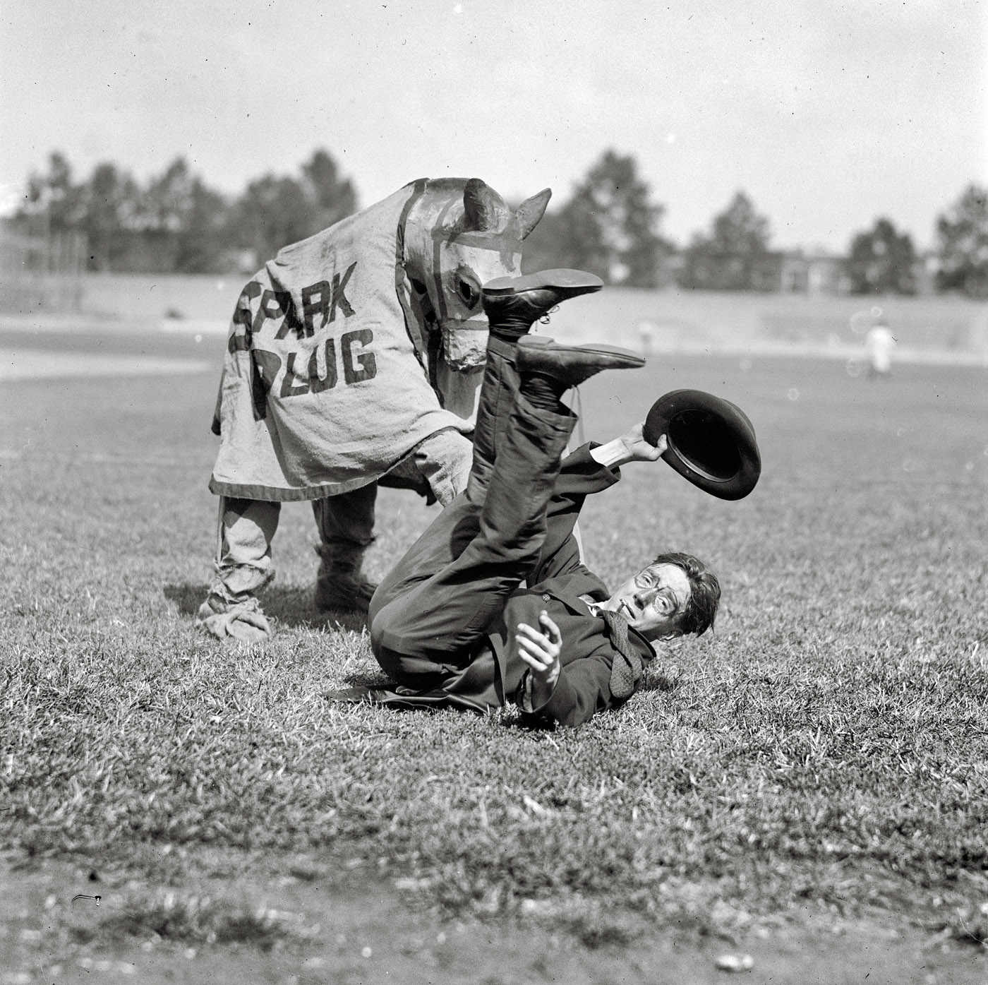 September 3, 1923. "Police and Firemen's ballgame." At Griffith Stadium in Washington, D.C., Barney and Spark Plug from the popular comic strip "Barney Google." National Photo Company Collection glass negative. View full size.