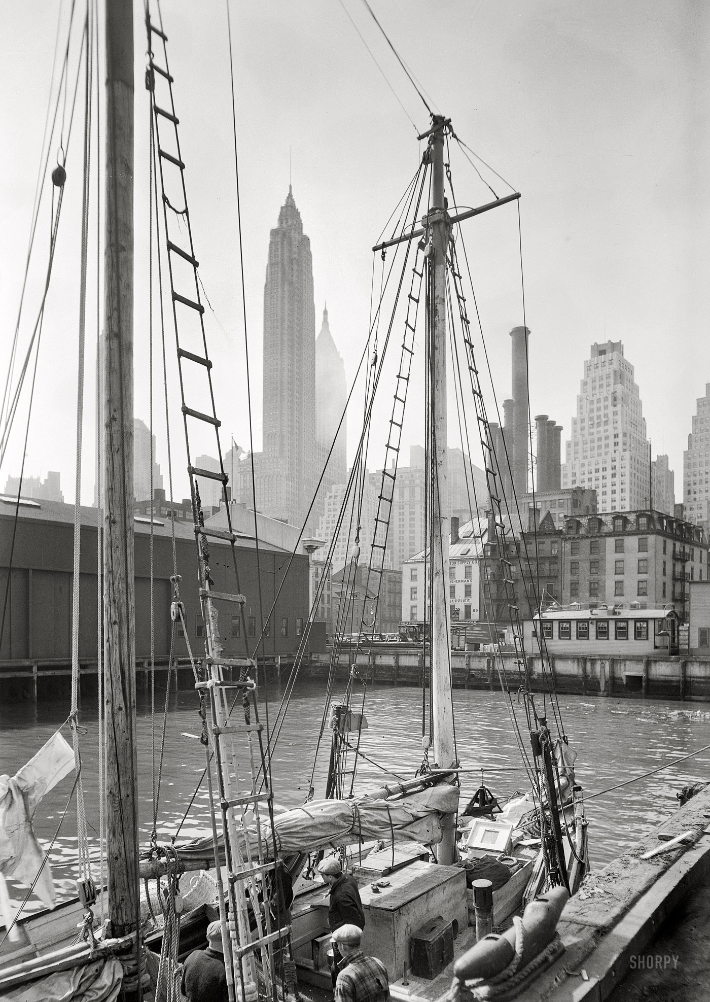 April 11, 1933. "New York City views. Fishing boat at Fulton Market Pier." Medium format acetate negative by Gottscho-Schleisner. View full size.