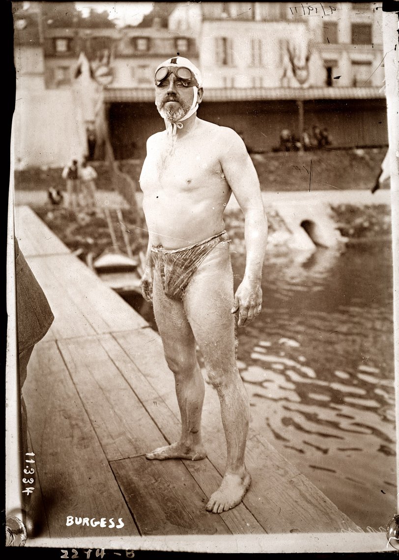 In 1911 Thomas W. Burgess was the second man to swim the English Channel. It took him 22 hours and 35 minutes. It's not clear if this photo is from that event, but he's definitely not dressed for recreational swimming. Burgess also swam for Great Britain in the 1900 Summer Olympics. George Grantham Bain Collection.
