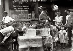 Heat wave in New York. July 6, 1911. "Licking blocks of ice on a hot day." 5x7 glass negative, George Grantham Bain Collection. View full size.
Heatwave...Wow, what I would have given to be one of those kids on a hot day like today. I would have been happy to just sit on the ice!
[That was the line across the street. - Dave]
How... unsanitary.
Cold ComfortI remember back in the 60's in Chicago we'd chase the milk trucks delivering in the neighborhood to beg some block ice to help with that oppressive heat and humidity...... and they were glad to give it out . He'd chip off a chunk to give to each kid and we'd be happy campers.
Fancy Cheap GroceriesThe ice looks just fine; the temperature touched 101 here today and those kids have the right idea.  I could go for the Fancy Cheap Groceries, too.  I miss Fancy Cheap Groceries.
1911 Heat WaveIt was 97 degrees in Manhattan today. I didn't see anybody licking ice. I saw people walking very slowly. I heard the steady hum of air conditioning units, but no children in the streets of midtown. Perhaps in the familial neighborhoods of the city there were children on the streets under the gush of hydrants but it isn't a sure thing anymore. It's much easier to cool off now.
I wishI WISH it was hot enough to even think about licking ice here in Washington State. A balmy 48 with buckets of rain.
PhoenixI wish it were possible to put out large blocks of ice to cool down here in Phoenix. Eight a.m. sees almost 90 degrees already. Those things would melt before a tongue even touched them. 
Smiles in the summer heatI love the kids faces.  They all look so pleased. But as a mother all I can think about is the number of germs they'd be spreading, all sucking on that block of ice.  -- Summer in the city was such a time for polio and other diseases to spread.  Looking at those kids, some of them are pretty grimy.  There's a clutch of fear that crawls into my heart looking at them, imagining that they're my children.  
I like the progression of hatsCloth caps on the boys, porkpies on the young men and a derby on the older man.
July 6In the Bain collection at the Library of Congress, they say it was published July 6, 1912, not 1911.  How did Shorpy come up with the 1911 date?  1911 makes sense since there was a record shattering heat wave that July, but how does Shorpy know the date?
[The Library of Congress citation for this image doesn't say anything about 1912. "7/6/11" is the date written on the negative. The other negatives from the same group (LC-B2-2301) of nine photos are also dated 1911. - Dave]
(The Gallery, G.G. Bain, Kids, NYC)