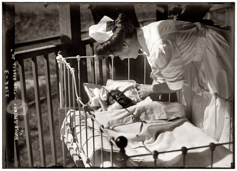 Nurse and patient "Sea Breeze Jr." circa 1915. View full size. George Grantham Bain Collection. Probably taken at one of New York's seaside "cottage" hospitals for babies, where plenty of fresh air and sunshine were believed to be therapeutic.
