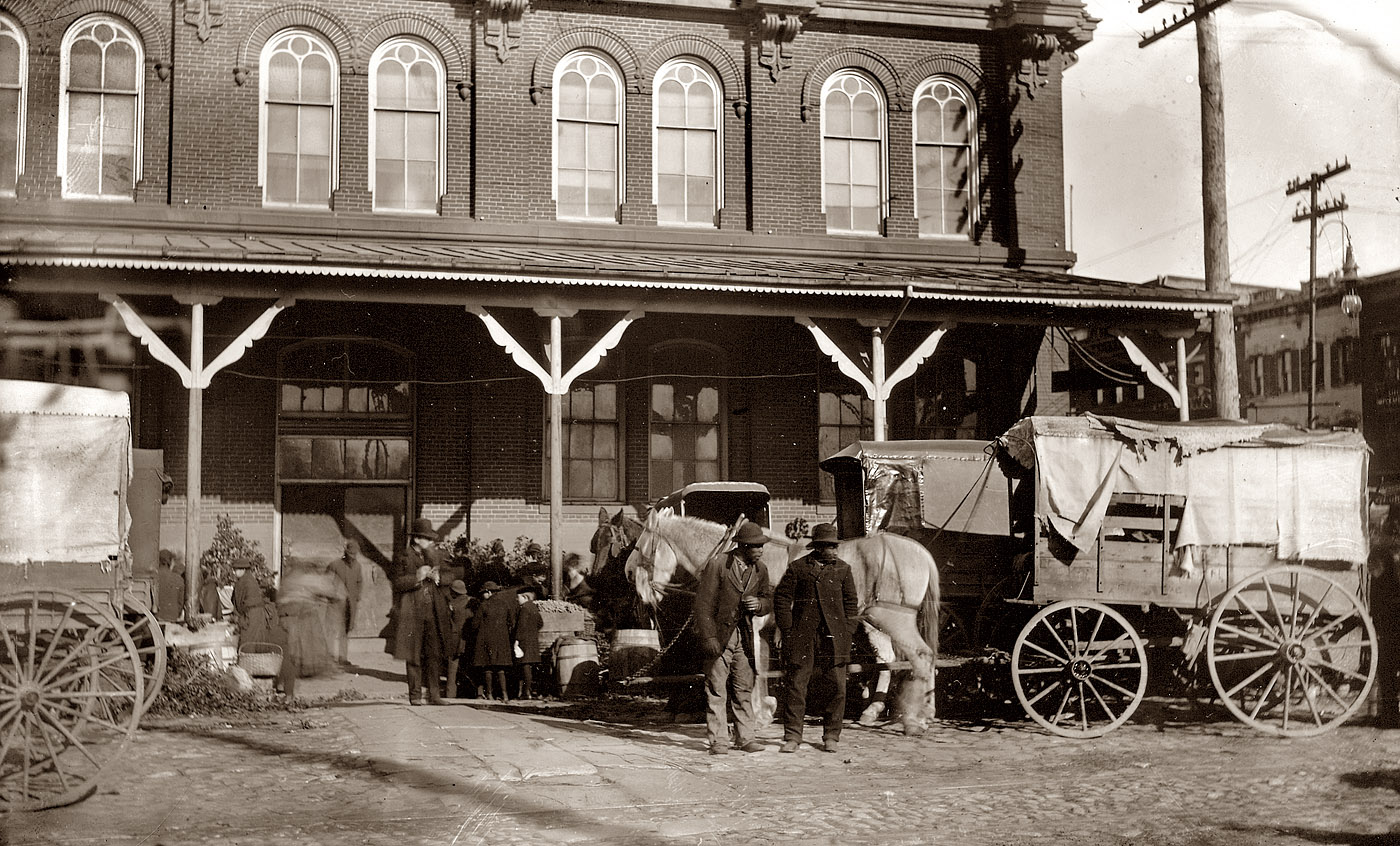 Wagons at the Center Market, Washington, D.C., circa 1890. View full size.