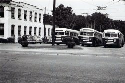 The garage of the Delaware Coach Company (1939–1957) in Wilmington, DE. The photo was taken in August 1950 by my father, then 18 years old, who stayed at a friend of the family residing at 1413, Delaware Avenue, Wilmington. View full size.
Trolley BusesSan Francisco Muni has an extensive fleet of trolley buses. Although the overhead wiring is expensive, they have relatively spirited acceleration and hill climbing compared to noisy roaring diesel buses, and they can maneuver around obstacles better than rail cars. The newest ones have on board auxiliary power units that allow short runs "off the wire". I remember seeing an operator trying to restore contact once as a kid when we went to the big city. The power comes from Hetch Hetchy Dam, and is therefore non-polluting.
Off the gridThese were electric-powered vehicles that drew their energy from overhead wires, but ran on rubber tires without steel tracks. Novice drivers sometimes took 90 degree turns too sharply, and the power poles disconnected from the wires. In such cases, he (or she?) had to diembark and reconnect the poles to the wires using a rope connected to each pole.
Wilmington trackless trolleysThe coach in the center is a 1939 Mack. It's in my historic transit vehicle collection. The other two coaches were built by J.G. Brill. All three were originally built for the Delaware Electric Power Company. DEPCo. was forced to sell off its transit operations. It was purchased by the Delaware Coach Company. That company was sold to a public transit authority known as DART several years ago.
(ShorpyBlog, Member Gallery, Cars, Trucks, Buses)