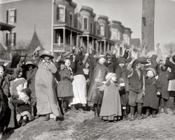 New York, November 1911. "Scramble for pennies -- Thanksgiving." Before Halloween came into its own as a holiday in this country, there was "Thanksgiving masking," where kids would dress up and go door to door for apples, or "scramble for pennies." George Grantham Bain Collection glass negative. View full size.