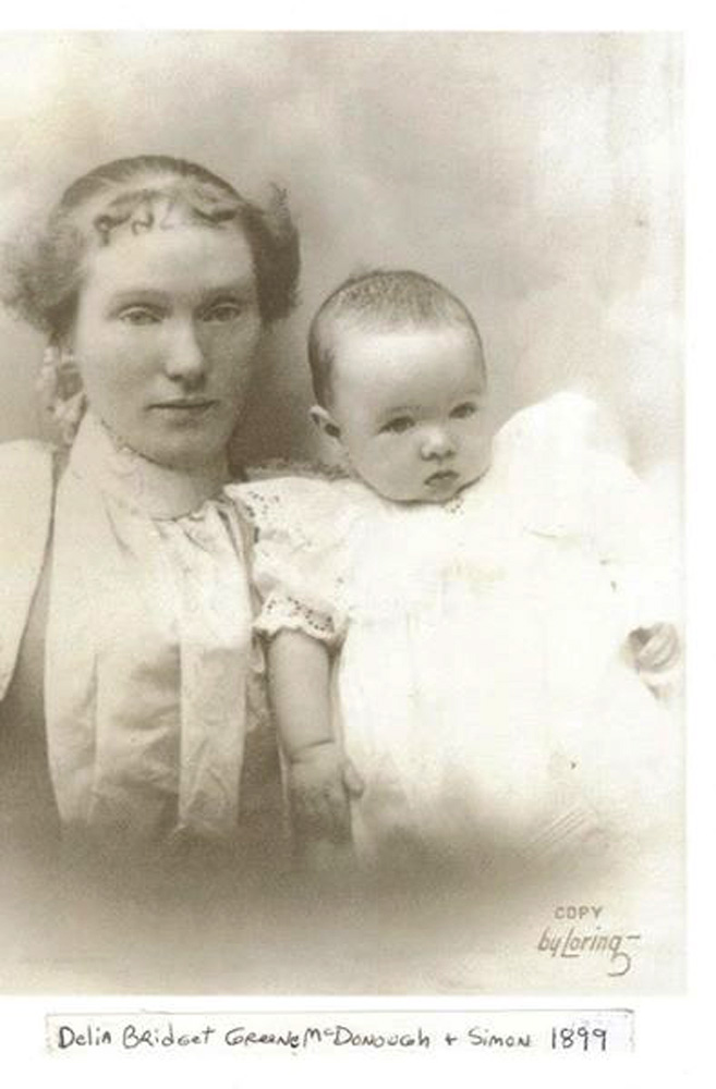 My great-grandmother, Delia Bridget and her baby, Simon, taken in downtown Boston at Loring Studios in 1899. She came over to Boston from Ireland alone when she was about 16 years old.  Just a few years later, she sent a copy of this photo back to her family in Galway to show that she was doing well with her new life in South Boston. Sadly, Delia's 45 year old husband collapsed and died from heatstroke after working on the elevated railroad tracks in Boston, leaving Delia a widow with eight children to raise alone.  She immediately got two jobs in downtown Boston cleaning office buildings and another as a chambermaid at a hotel.  To save the few pennies that train fare would cost, she chose to walk the extremely long walk from South Boston into downtown Boston to her jobs through all kinds of harsh weather.  Most of Delia's children lived long lives and also settled in Boston.  Simon became a longshoreman and then, a merchant marine and drowned at age 40 in the Great Lakes in 1939.  His brother was convinced that it wasn't accidental, as Simon was labor organizer during a particularly violent time. Delia's last residence was a rented apartment over a flower shop on Dorchester Street in South Boston where she enjoyed listening to her favorite radio programs like The Shadow and The Lone Ranger.  My grandmother was by her bedside with her when she passed away at 78 years old; she was buried in a plot by her son, Simon.  