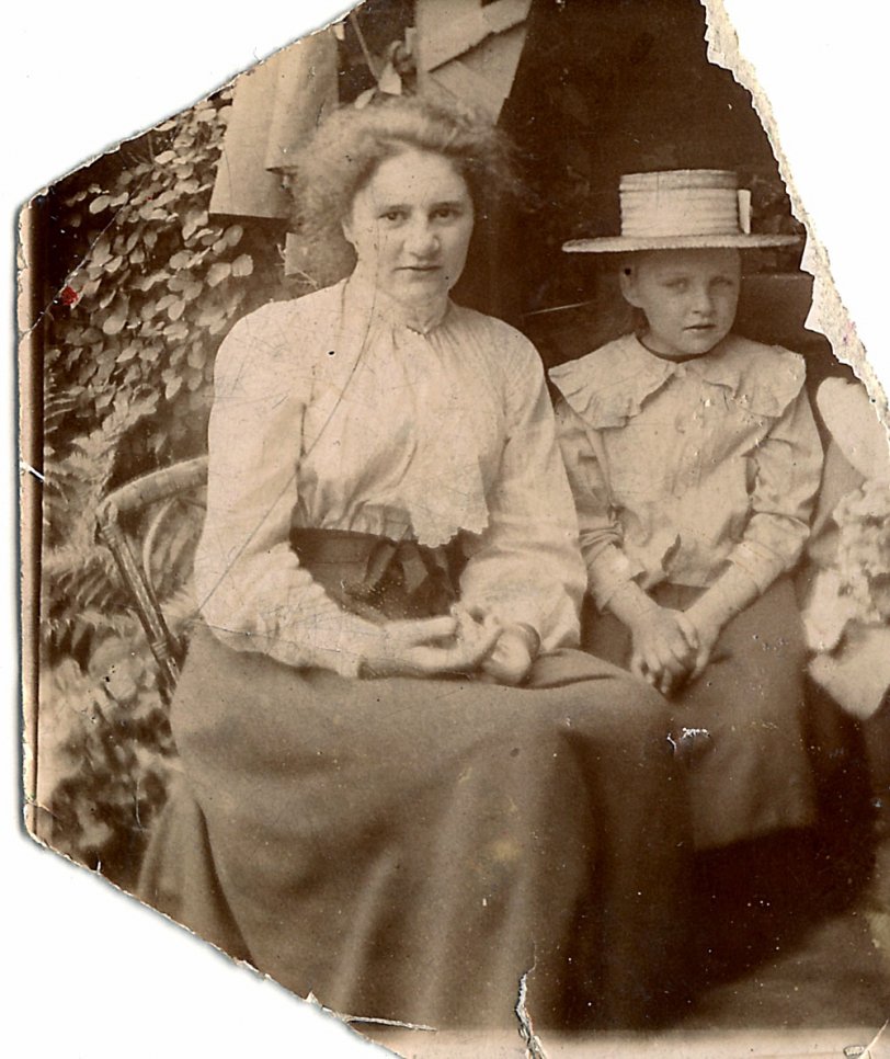 Auntie Susie (Tocher) and my mother's mother, Annie Tocher, c. 1900. Probably taken in Edinburgh. My great grandmother raised her children alone after leaving my great grandfather. He was a pharmacist who "sampled the wares" and was "unsteady" (a euphemism for an alcoholic). The fact that my great great grandfather was a "spirits" merchant and that he worked for him before marrying my great grandmother might have contributed to the "unsteadiness". He died in an asylum of "softening of the brain," I recently discovered. No doubt a result of years of dissipation. View full size.
Auntie Susie was a very talented artist and I have a few of her pieces, though my birth-father sold a number of them before I was born. She and my grandmother, Annie (who I was named after, though she preferred to be called Nancy) both died of cancer.
